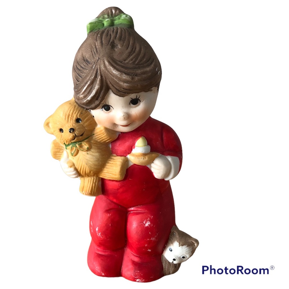 Vintage Jasco Holiday porcelain air freshener Girl with teddy bear figurine